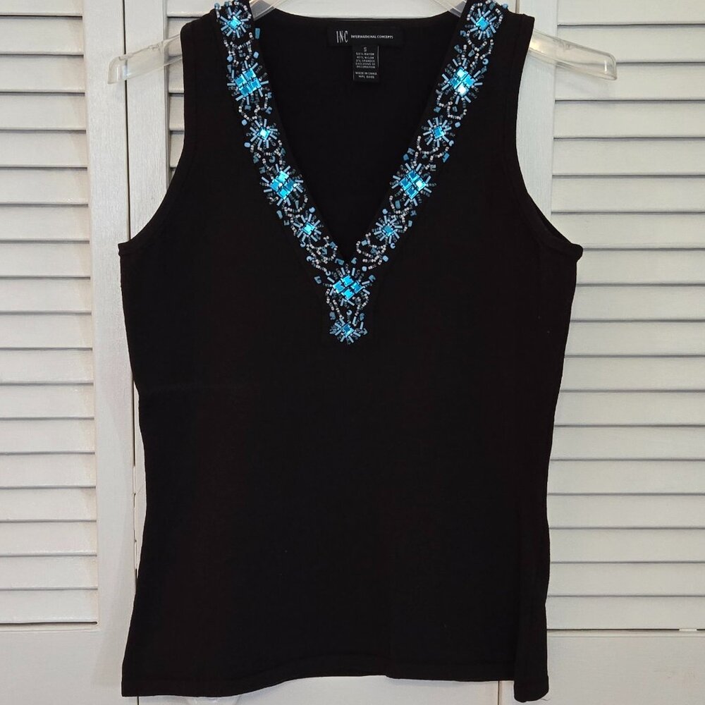 INC Chocolate Brown Sleeveless Top with Turquoise beaded Neckline - Size S
